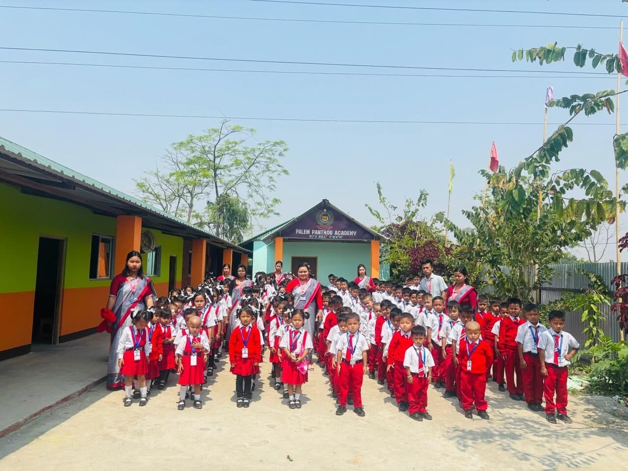 The full school assembled in formation for a morning parade